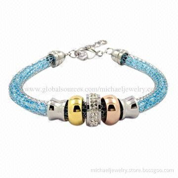 Mesh stainless steel bracelets with blue crystals and white PP stones, IP plating gold and rose gold